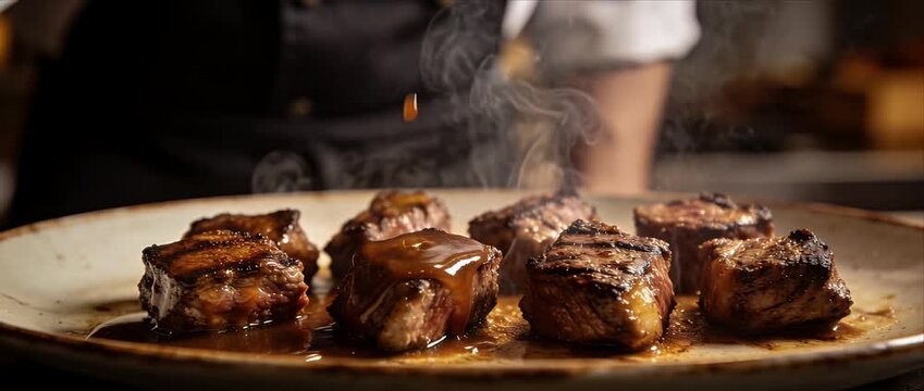 Grilled steak steak bite juicy meat beef cube barbecue sauce hot plate steam gourmet chef dinner grilled food sear marinade barbecue juicy steak protein restaurant closeup cooking flame brown grilled