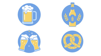 Fototapeta premium Flat vector icons of beer mugs, bottles and pretzels