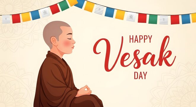 Vesak day illustration meditating buddhist monk with prayer flags
