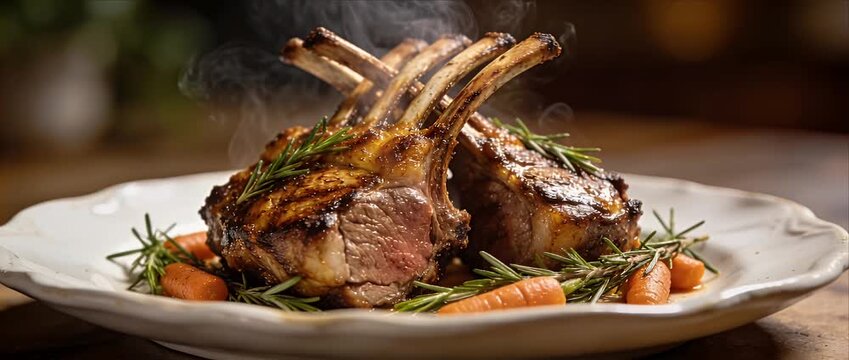 Grilled lamb rack rosemary carrot gourmet premium meat fine dining holiday dinner rustic plate juicy steak slow cooked home cooking comfort food steam grilled meat herb garnish roasted barbecue smoke