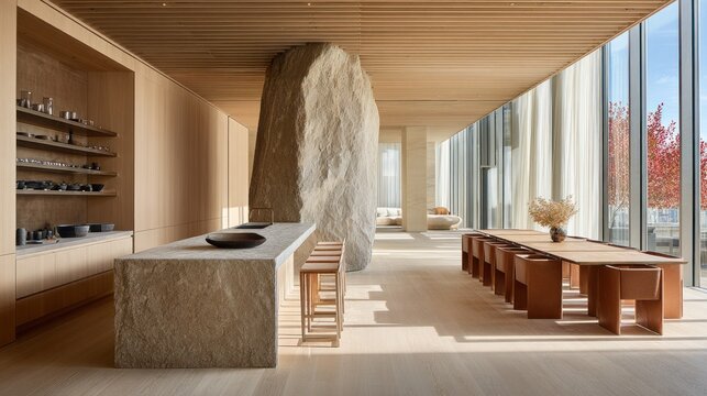 Contemporary interior design merges natural stone, light wood, and expansive glass for modern luxury living