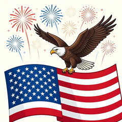 Naklejka premium 4th of July Independence Day Celebration Illustration Set with American Flag, Fireworks, Patriotic Stars and Stripes Background