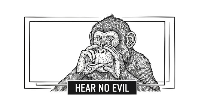 Monkey Covering Ears, Hear No Evil, Three Wise Monkeys Concept, Black and White Illustration