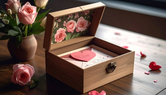 A wooden box with pink roses and heart