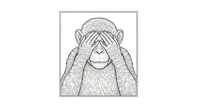 Monkey Covering Eyes, See No Evil, Primate, Animal Illustration, Black and White