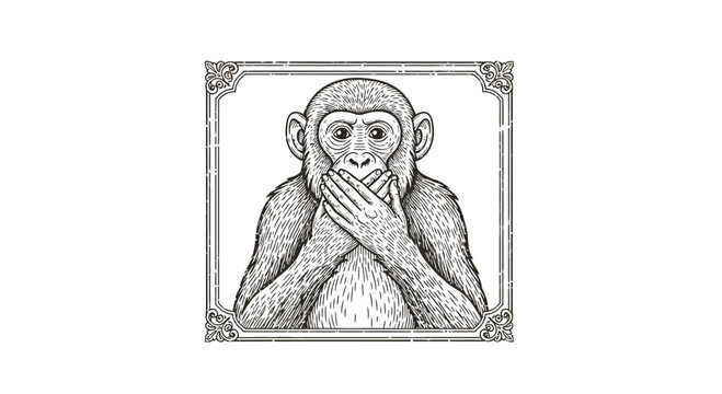 Monkey Covering Mouth, Three Wise Monkeys Concept, Vintage Style Illustration