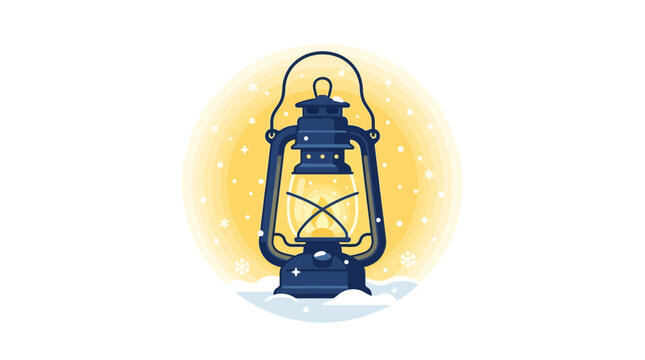 Vintage Blue Lantern Illuminated in Gentle Snowfall.