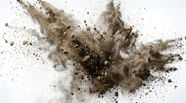 Explosion of brown earth and soil particles isolated on white background with explosion, particle