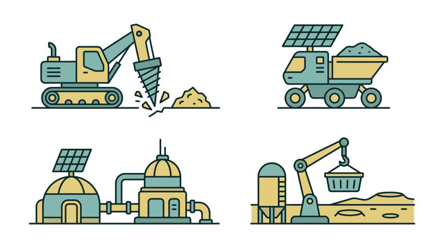 Vector icons of futuristic space mining and industrial machinery