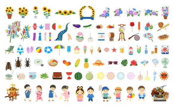 夏のイラスト詰め合わせセット｜ひまわり・朝顔・七夕・花火・祭り・夏休み