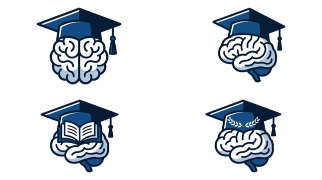 Four vector icons of a brain wearing a graduation cap