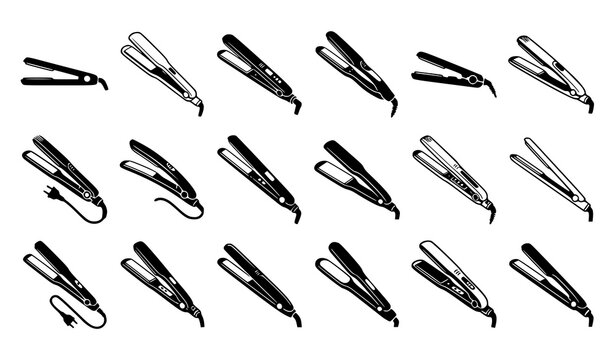 Hair Straightener Vector Icon Set with Flat Iron and Salon Styling Tool Silhouettes