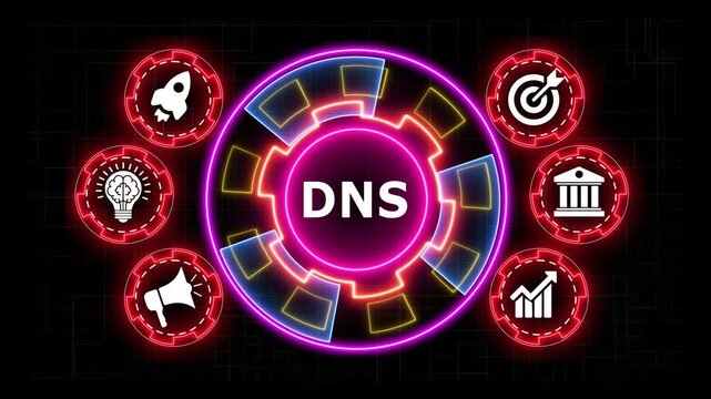 Animated DNS concept graphic with business icons around glowing circle.