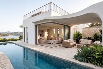 Fototapeta premium Luxury Resort Pool Terrace with Calm Water and Mediterranean Architecture