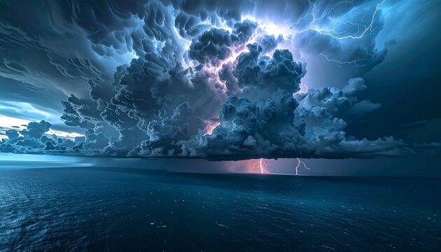 Dramatic Aerial View of Massive Dark Storm Clouds Forming Over Ocean with Lightning