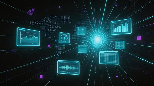 Global data network visualization with futuristic digital interface, world map connection and glowing analytics screens representing big data flow