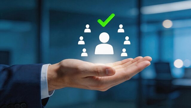 Business hand holding hologram people selection, successful recruitment, team management concept, digital human resources, hiring process, corporate leadership, employee