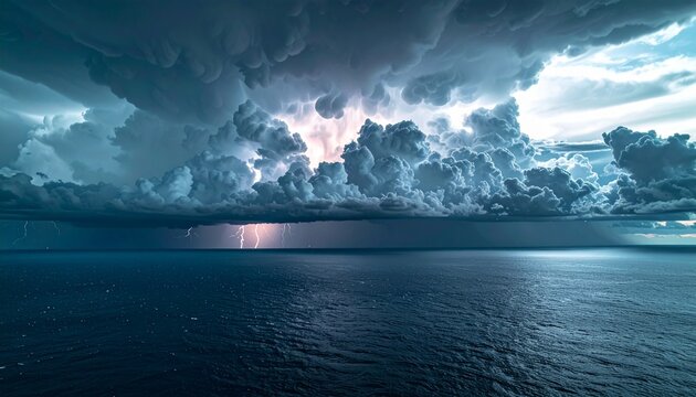 Dramatic Aerial View of Massive Dark Storm Clouds Forming Over Ocean with Lightning