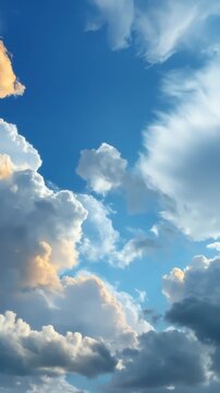 Dynamic cloudscape transition: fluffy clouds illuminate vibrant blue sky
