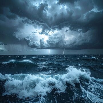 Dramatic Wide Shot of Massive Ocean Storm with Huge Dark Waves and Heavy Rain