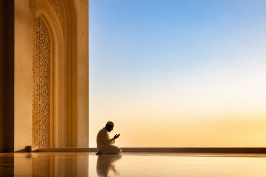 Man praying inside a mosque at sunset with warm light and reflective floor