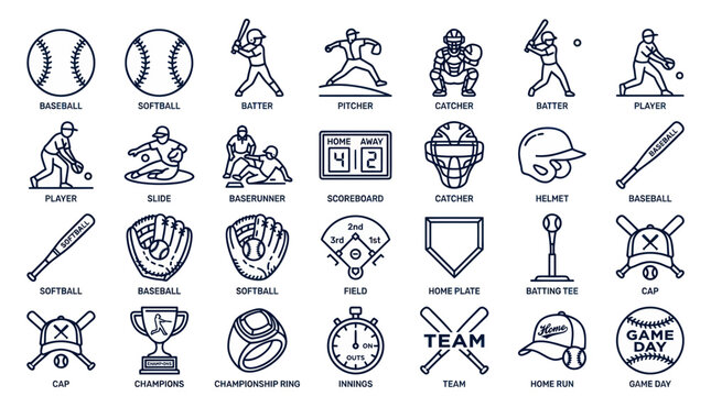 Baseball and Softball Icons: Equipment, Players, and Game Elements