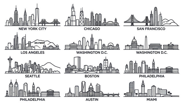 Hand-drawn city skylines vector set: New York, Chicago, LA, SF, Seattle, Boston, DC, Philly, Austin, Miami