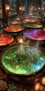 Glowing colorful potions bubble fervently in a mystical apothecary filled with steam and lit lanterns.
