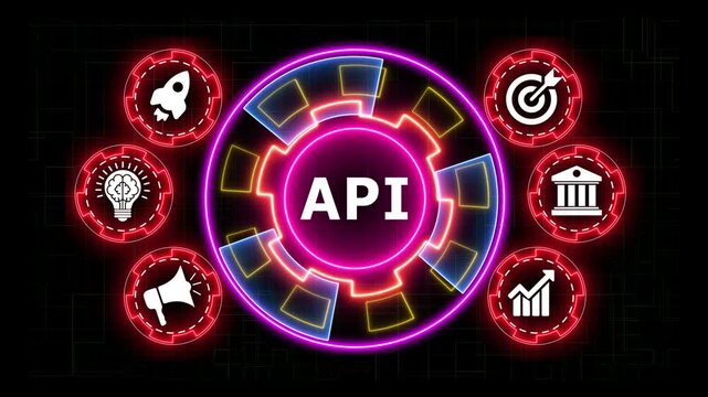Dynamic neon business icons circle around spinning API technology hub.
