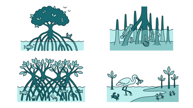 Simple vector illustrations of mangrove forest ecosystems