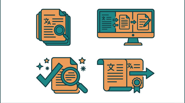 Set of flat icons for document translation and localization