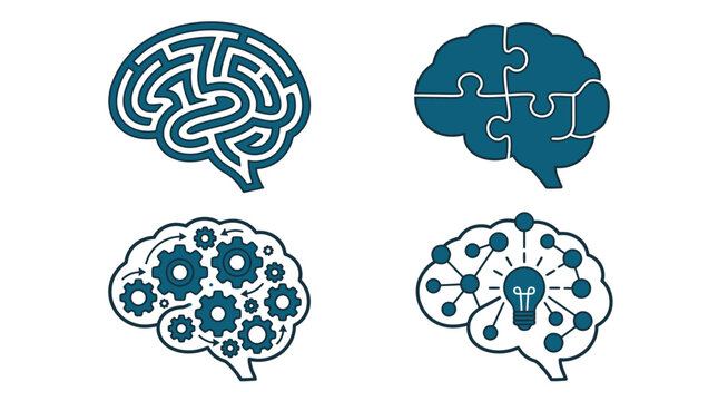 Four blue brain icons representing different mental concepts