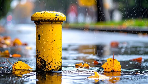 A yellow fire hydrant in a puddle on a rainy street