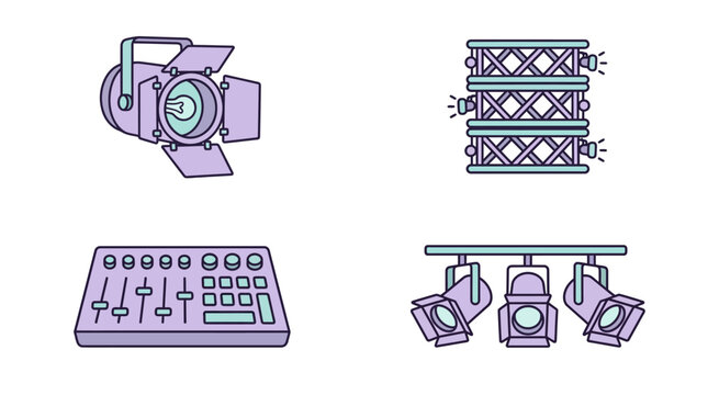 Vector icons of stage lighting equipment on a white background