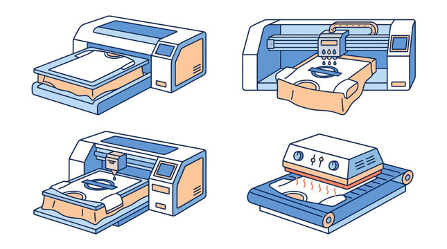 Vector illustrations of custom t-shirt printing machines