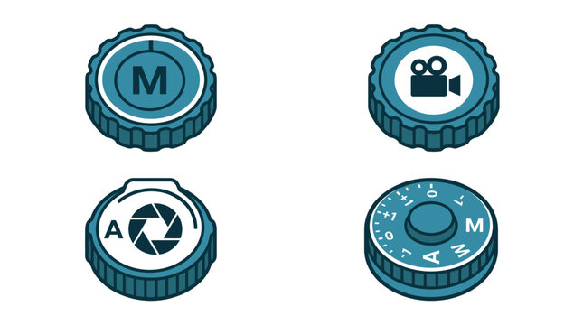 Isometric icons of camera mode dials on a white background