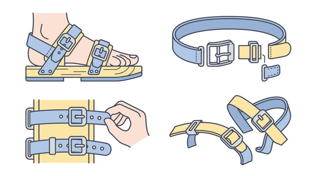 An illustration of various shoe straps and metal buckles