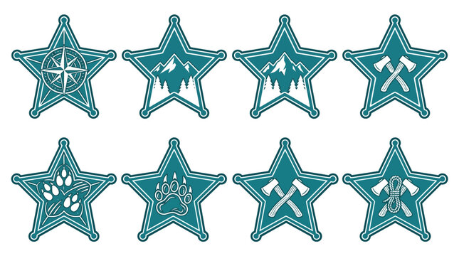 Vector set of teal star badges with outdoor adventure icons