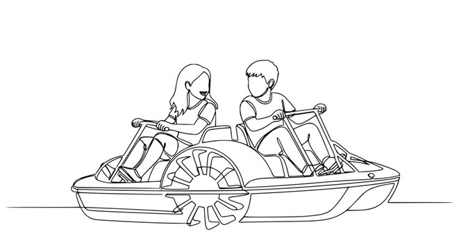 Couple Pedaling Water Bike, Summer Recreation, Outdoor Activity Line Art