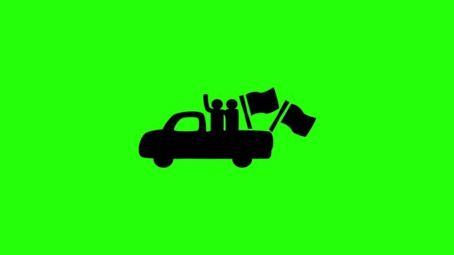 High quality 4K video showing joyful people waving flags on a festival celebration parade truck silhouette bouncing. Beautiful carnival icon.