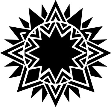 A striking black and white Pan-African geometric sun pattern featuring sharp triangular rays, intricate zig-zag motifs, and a central star-like shape.