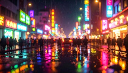 Obraz premium Vibrant Neon City Night Abstract Bokeh Background with Heavily Out-of-Focus Urban Nightscape