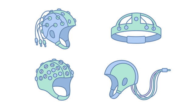 This vector set shows medical EEG caps with electrodes