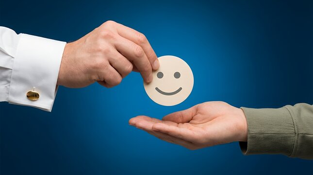 One person's hand in a white shirt with gold cufflinks offers a smiley face icon to another person's open palm happy service customer feedback rating satisfaction experience