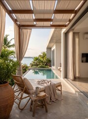 Fototapeta premium Minimal Mediterranean Vacation House with Garden Patio and Soft Light