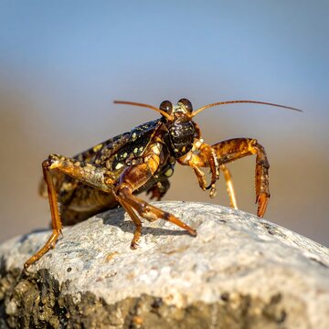 A close-up of a colorful insect with long antennae on a rock