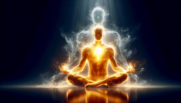 Yoga practitioner in warrior II pose with body as transparent outline filled with flowing liquid gold light pulsing following lines of form, Ai generated image