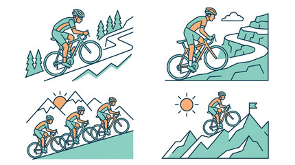 Obraz premium Minimalist vector icons of cyclists riding up mountains