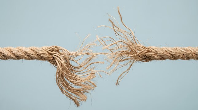 A thick frayed rope snaps and frays apart into many loose tangled strands against a soft blue backdrop broken snapping threadbare unraveling stressed tension