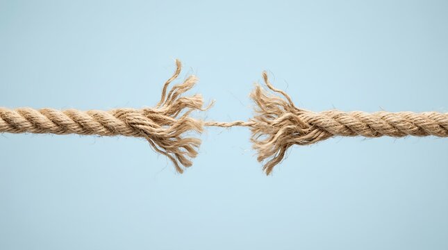 Thick natural fiber rope is frayed and breaking apart in the middle with frayed ends against a pale blue sky Length material tension strength stress failure